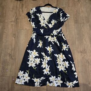 Womens Vneck Floral Dark Blue Xl Midi Dress